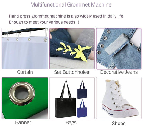 Heavy Duty Hand Press Grommet Machine With Three Dies For Eyelets Cast Iron Construction in use on various items like curtains and jeans