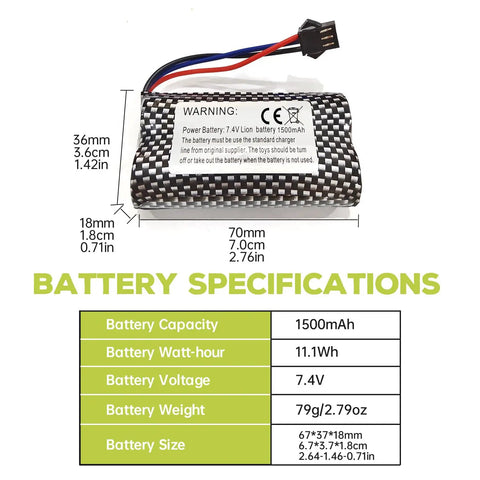 2 Pack 7.4V 1500mAh SM-3P Plug Lithium RC Battery With USB Charging Cable for DE43 and DE60 RC Cars Specifications
