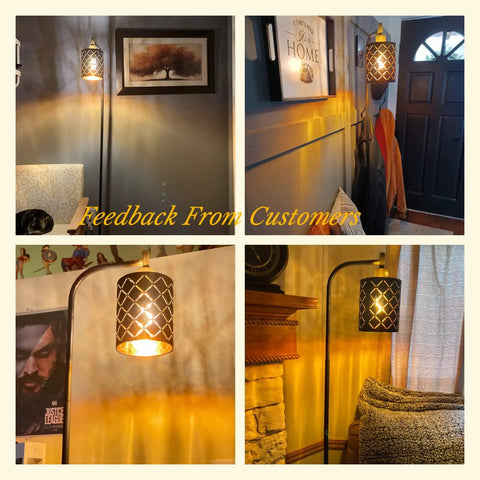 Gothic Style Floor Lamp With Laser Cutout Lampshade LED Arc Standing Light in living room setup, 67 Inch Black Modern Farmhouse Lamp.