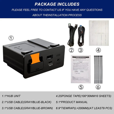 Mazda Type-C Wireless CarPlay Retrofit Kit for MZD Connect System 2015 2020 Models hub, cables, tape, product manual, black unit
