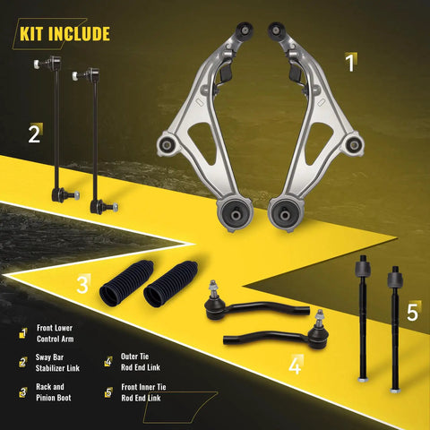 10 Piece Beefed Up Front Suspension Kit For 2013 To 2020 Nissan Pathfinder And Infiniti QX60 JX35 Includes Front Lower Control Arm With Ball Joint Sway Bar End Links And Outer Inner Tie Rods, displayed components