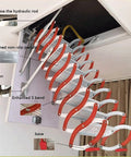 Heavy Duty Electric Attic Ladder Pull Down Loft Stairs With Slick Remote Trigger And Titanium Alloy Frame showing widened pedals and hydraulic system.