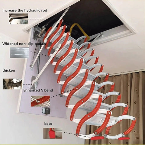 Heavy Duty Electric Attic Ladder Pull Down Loft Stairs With Slick Remote Trigger And Titanium Alloy Frame showing widened pedals and hydraulic system.