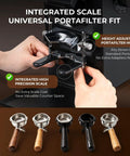 Pro Commercial Coffee Grinder With 64mm Flat Burr And Smart Touch Screen Weight Based Dosing For Espresso Brewing Featuring Programmable Presets showing integrated scale and universal portafilter fit.