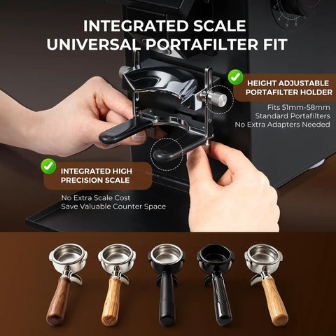 Pro Commercial Coffee Grinder With 64mm Flat Burr And Smart Touch Screen Weight Based Dosing For Espresso Brewing Featuring Programmable Presets showing integrated scale and universal portafilter fit.