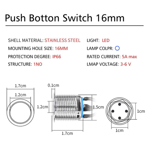 Technical diagram of a 16mm Chassis Push Button Power Switch With LED For ATX PC DIY Build, showing dimensions and specifications.