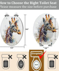 Elongated Toilet Seat for Bathroom with giraffe design, dimensions 14.5" x 18.5", measuring guide included.