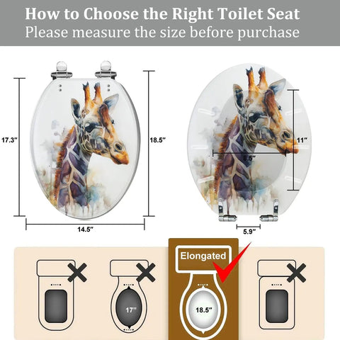Elongated Toilet Seat for Bathroom with giraffe design, dimensions 14.5" x 18.5", measuring guide included.