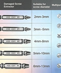 Chart showing Damaged Screw Extractor Set for Stripped Screws and Bolts, 6-Piece Bolt Extractor Kit with drill bit sizes.