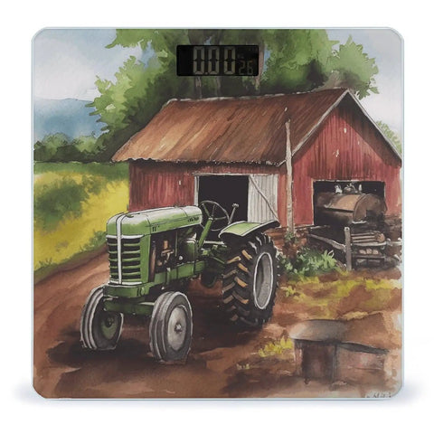 Farm Tractor Themed Digital Body Scale With High Precision Dope Slim Compact Bathroom Scale For Bedroom Kitchen And Home Use Modern Personal Weighing Machine featuring green tractor and barn