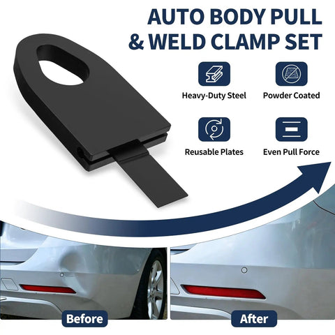 Universal Auto Body Pull And Weld Clamp Set 7Pcs for panel frame dent repair with before and after car bumper images.