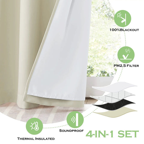 Close-up of 4 In 1 Soundproof Blackout Curtain Set With Melt Blown Layer For Thermal Insulation And Anti Dust, cream beige color.
