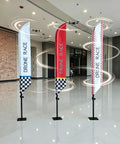 Pro Grade Drone Racing Obstacle Course Kit flags with checkered patterns in indoor setting, showing the setup for training challenges.