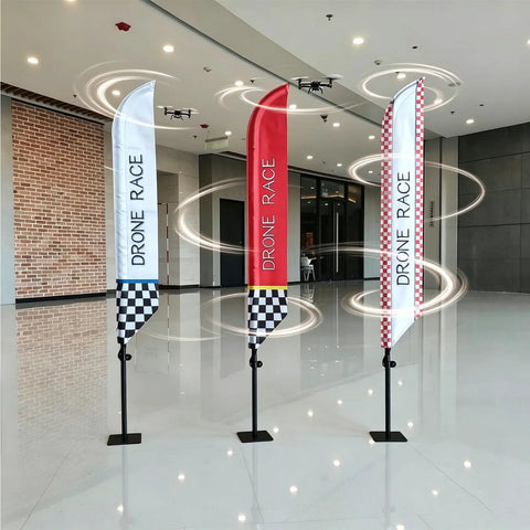 Pro Grade Drone Racing Obstacle Course Kit flags with checkered patterns in indoor setting, showing the setup for training challenges.