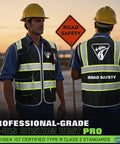 Heavy Duty Ansi Class II High Visibility Safety Vest For Men Custom Printed Logo Reflective Work Gear With Eight Rugged Storage Pockets Black Large Size Top Shelf Durability worn by two men at sunset.