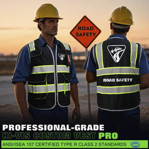 Heavy Duty Ansi Class II High Visibility Safety Vest For Men Custom Printed Logo Reflective Work Gear With Eight Rugged Storage Pockets Black Large Size Top Shelf Durability worn by two men at sunset.