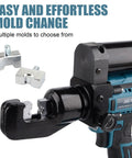 Heavy Duty Electric Hydraulic 8 Ton Battery Cable Crimping Tool With Nine Fast Swap Dies for easy mold changes and wire crimping.