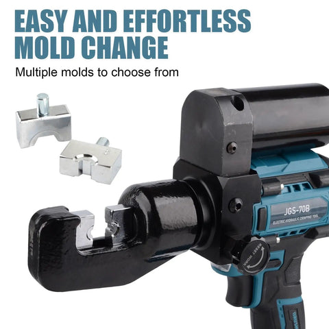 Heavy Duty Electric Hydraulic 8 Ton Battery Cable Crimping Tool With Nine Fast Swap Dies for easy mold changes and wire crimping.