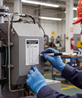 Worker using 500 Pack Inspection Record Labels for Safety Inspections on equipment in a factory, 5 by 3 inch adhesive tag