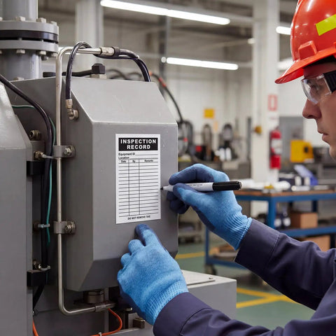 Worker using 500 Pack Inspection Record Labels for Safety Inspections on equipment in a factory, 5 by 3 inch adhesive tag