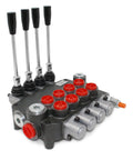 Monoblock hydraulic directional control valve, front view with four levers, gray body and red port caps.