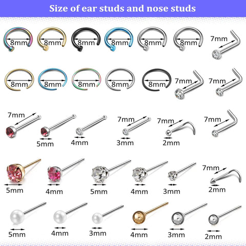 All In One Ear Piercing Kit With Gun Stainless Steel 36 Pairs Studs 98 Earrings 22 Nose Studs Pro Grade Size Chart