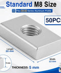 Real Deal M8 Sliding T Nuts For 4040 Aluminum Extrusion Bulk Pack Of 50 Zinc Coated Steel Block Fasteners showing dimensions and details.