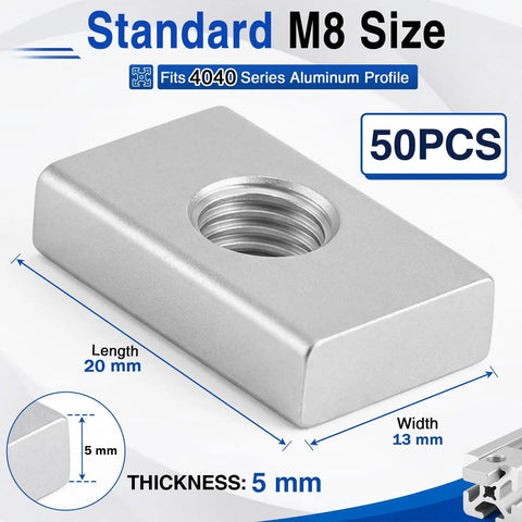 Real Deal M8 Sliding T Nuts For 4040 Aluminum Extrusion Bulk Pack Of 50 Zinc Coated Steel Block Fasteners showing dimensions and details.