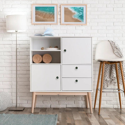 White cabinet with 4 Pack White Cabinet Pull Handles With Mounting Screws, Cute Christmas Tree And Snowman Knobs for cupboards and drawers.