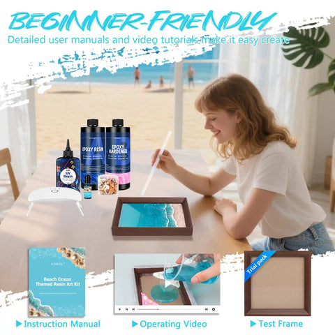 Ocean Resin Art Kit All In One For Beginners With Frames And Tools Epoxy Resin Set displayed with woman crafting