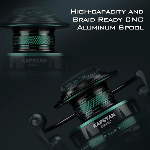 Kapstan Elite High Speed Saltwater Spinning Reel Size 3000 close-up of CNC aluminum spool with text overlay