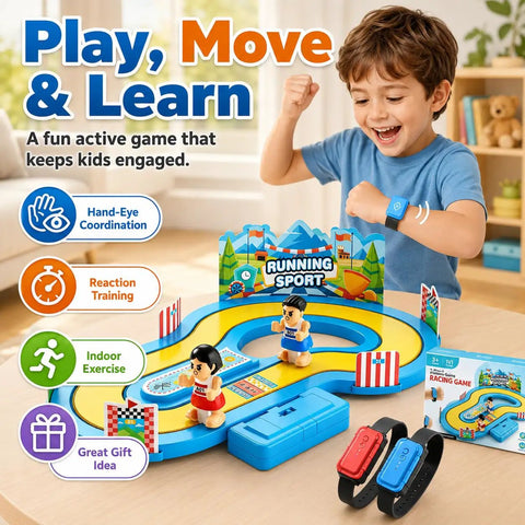 Table Top Running Race Game Toy With Multipurpose Track Motion For Kids And Fam Two Player Interactive Party Game Wireless Design Green A Tabletop Friendly For Easy Setup And Fam Game Night Favorite; boy plays tabletop racing set with wristbands