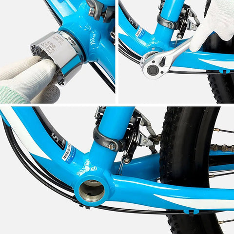 Using 5 In 1 Do It All External Cup Bottom Bracket Tool for 39/49mm with Shimano bike frame and ratchet wrench.