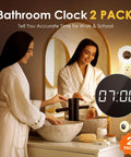 Woman using sink with Two Pack Bathroom Clock With Dimmable Night Light And Remote Shower Timer, Three Color Light Options on wall