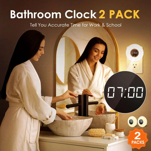 Woman using sink with Two Pack Bathroom Clock With Dimmable Night Light And Remote Shower Timer, Three Color Light Options on wall
