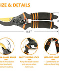 Workhorse Ultra Sharp 8.5 Inch Bypass Pruning Shears with titanium-coated SK5 steel and ergonomic handles, size details shown