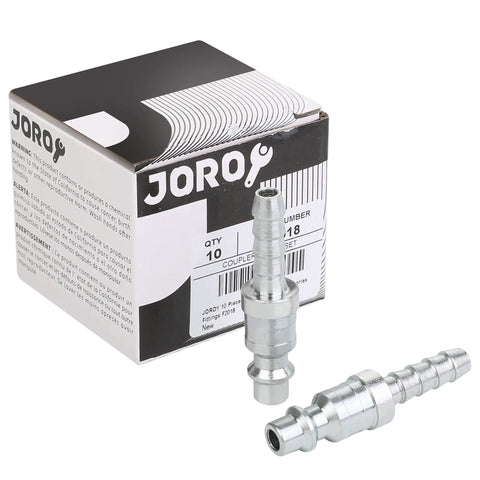 Heavy Duty Quarter Inch Air Plug With Hose Barb Slick Steel Construction Rock Solid 300 Psi Rating Badass Industrial Grade 10 Piece Pack with packaging.