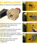 Universal Air Compressor Drain Valve Replacement For Dewalt Bostitch And Porter Cable installation guide with brass valve and wrench steps.