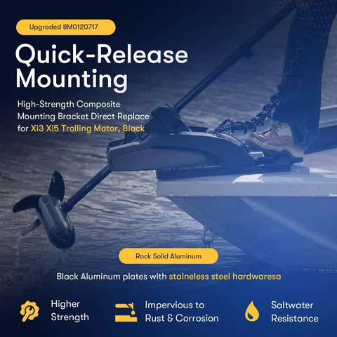 Boat with quick-release trolling motor bracket for Xi3 Xi5, showcasing quick removal and durable aluminum build on water surface.