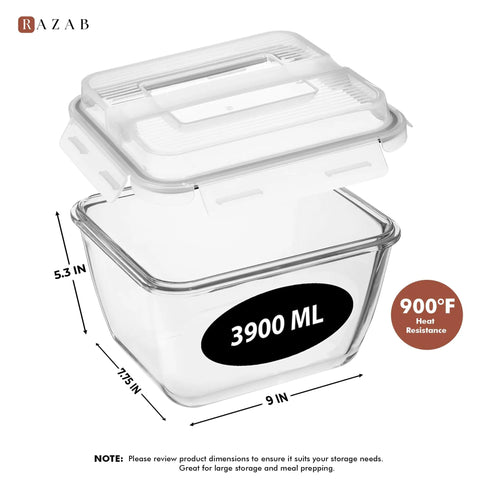 Gigantic 17 Cup Glass Food Storage With Lids Leakproof BPA Free Mega Meal Prep Container 132 Oz 3900 ml dimensions shown