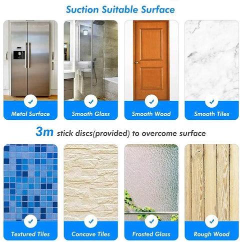 Image showing various surfaces for 24 Inch Suction Cup Towel Bar: metal, smooth glass, smooth wood, smooth tiles, textured tiles, concave tiles, frosted glass, rough wood.