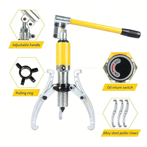 Shop Grade 10 Ton Hydraulic Gear Puller With Sturdy Transport Box For Wheel Bearing Separator And Cv Shaft Axle Rotors Goes Vertical Or Horizontal Takes The Sweat Out Of Stubborn Jams, featuring adjustable handle and oil return switch.