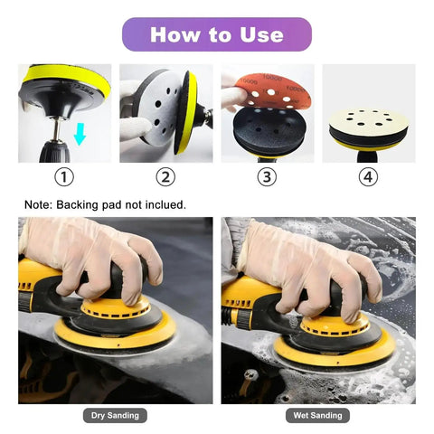 How to use Super Heavy Duty 122 Piece Hook And Loop Wet Dry Sanding Disc Assortment Set for polishing surfaces, dry and wet sanding.