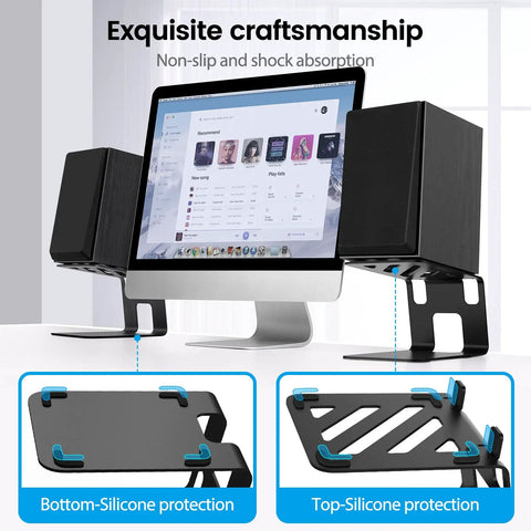 Desktop Speaker Stands With Vibration Absorption Pads holding speakers, adjacent to a monitor, highlighting protection features.