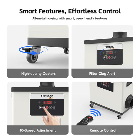 Smart features of Laser Fume Extractor for Enclosed Laser Engravers and 3D Printers with 200W Motor, including casters and remote control