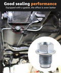 Close-up image highlighting the installation of a Subaru Two Pack Oil Drain Plug Kit With Crush Washer Gasket 32195AA021 803916010