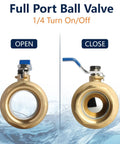 Rock Solid Full Port Brass Ball Valve Three Inch Model Featuring Rust Resistant Body And Effortless Quarter Turn Action and Leak Tight Gasket For Dependable Home Plumbing And Garage Projects, shown in open and close positions.