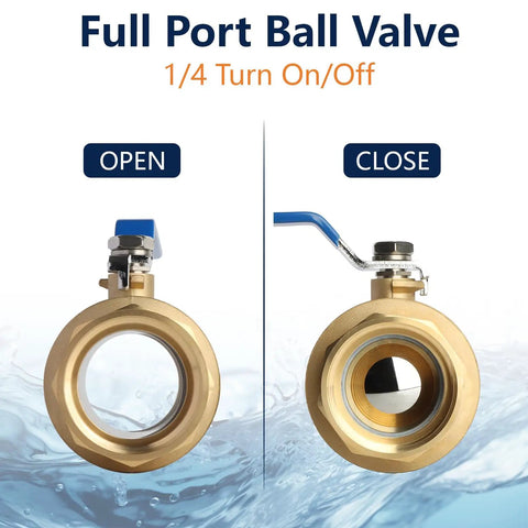 Rock Solid Full Port Brass Ball Valve Three Inch Model Featuring Rust Resistant Body And Effortless Quarter Turn Action and Leak Tight Gasket For Dependable Home Plumbing And Garage Projects, shown in open and close positions.