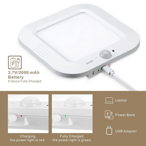 Cordless Rechargeable Motion Sensor Ceiling Light With USB Cable 220 Lumens 6000K Daylight LED charging via USB with battery details