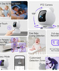 Collage showing 2.5K Indoor Security Camera 4 Pack With Free AI Person Pet Cry Detection No Subscriptions 4MP features like night vision and detection zones.